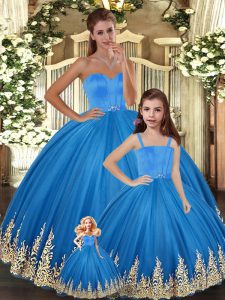 Customized Blue Sweet 16 Quinceanera Dress For with Embroidery Sweetheart Sleeveless Lace Up