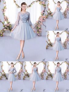 Chic Grey Lace Up Dama Dress for Quinceanera Lace and Belt 3 4 Length Sleeve Knee Length