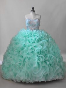 Fine Lace Up Sweet 16 Dresses Apple Green for Sweet 16 and Quinceanera with Beading Brush Train