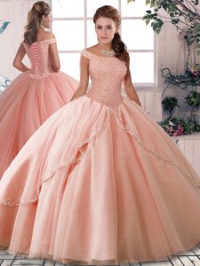 Comfortable Sleeveless Tulle Brush Train Lace Up Vestidos de Quinceanera in Peach with Beading