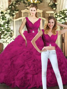 Glamorous V-neck Sleeveless Backless Quinceanera Gown Fuchsia Fabric With Rolling Flowers
