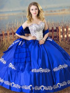 Dazzling Royal Blue Ball Gowns Sweetheart Sleeveless Satin Floor Length Lace Up Beading and Embroidery Sweet 16 Dress