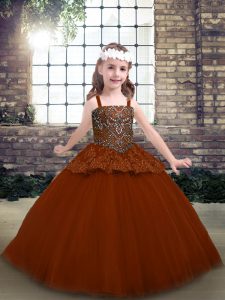 Adorable Rust Red Straps Neckline Beading and Lace Pageant Gowns For Girls Sleeveless Lace Up