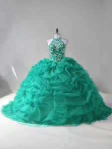 Best Court Train Ball Gowns 15th Birthday Dress Turquoise Halter Top Tulle Sleeveless Lace Up