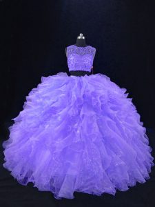 Best Selling Lavender Organza Zipper Scoop Sleeveless Floor Length Sweet 16 Quinceanera Dress Beading and Ruffles