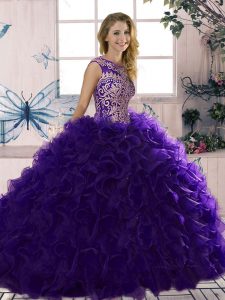 Scoop Sleeveless Ball Gown Prom Dress Floor Length Beading and Ruffles Purple Organza