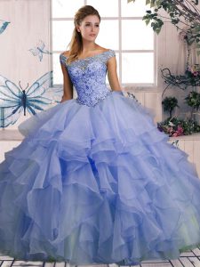 Organza Off The Shoulder Sleeveless Lace Up Beading and Ruffles Quinceanera Gown in Lavender