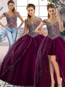 Fashion Purple Ball Gowns Tulle Sweetheart Cap Sleeves Beading Lace Up Quinceanera Dress Brush Train
