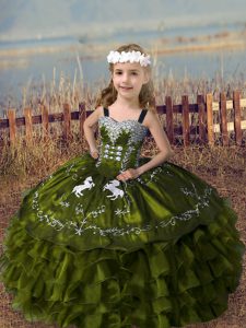 Sleeveless Floor Length Embroidery and Ruffled Layers Lace Up Little Girls Pageant Dress with Olive Green