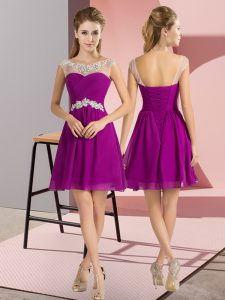 Purple Chiffon Lace Up Bateau Cap Sleeves Mini Length Dama Dress Beading