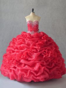 Sleeveless Floor Length Beading and Pick Ups Lace Up Ball Gown Prom Dress with Coral Red