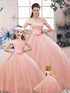 Delicate Pink Ball Gowns Lace and Hand Made Flower Quinceanera Dresses Lace Up Tulle Short Sleeves Floor Length