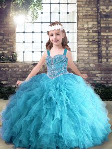 Straps Sleeveless Tulle Pageant Dress Womens Beading and Ruffles Lace Up