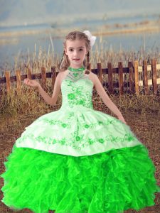 Green Sleeveless Beading and Embroidery and Ruffles Floor Length Kids Pageant Dress