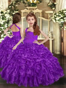 Purple Sleeveless Floor Length Ruffles Lace Up Child Pageant Dress