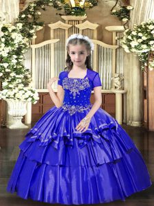 Trendy Taffeta Straps Sleeveless Lace Up Beading and Ruffled Layers Kids Pageant Dress in Blue