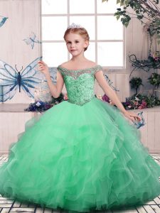 Beauteous Apple Green Ball Gowns Beading and Ruffles Kids Formal Wear Lace Up Tulle Sleeveless Floor Length