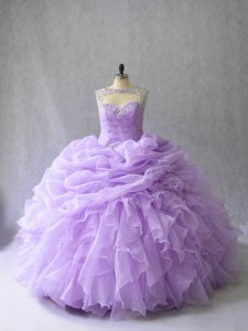 Popular Lavender Ball Gowns Organza Scoop Sleeveless Beading and Ruffles Lace Up Quinceanera Gown Brush Train