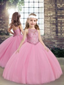 Lilac Lace Up Little Girls Pageant Gowns Beading Sleeveless Floor Length