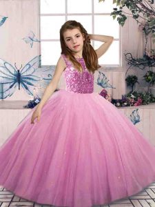 Lilac Ball Gowns Beading Little Girl Pageant Dress Lace Up Tulle Sleeveless Floor Length