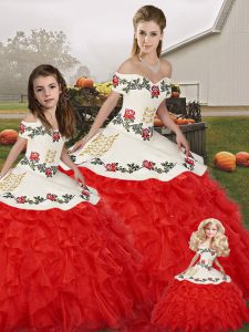 Suitable White And Red Off The Shoulder Neckline Embroidery and Ruffles 15 Quinceanera Dress Sleeveless Lace Up