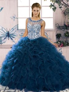Fine Navy Blue Scoop Lace Up Beading and Ruffles 15 Quinceanera Dress Sleeveless