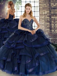Luxury Sleeveless Tulle Floor Length Lace Up Sweet 16 Dresses in Navy Blue with Beading and Ruffles