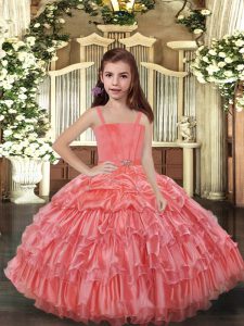 Graceful Floor Length Watermelon Red Little Girls Pageant Dress Straps Sleeveless Lace Up