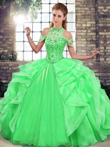 Green Ball Gowns Beading and Ruffles Quinceanera Gown Lace Up Organza Sleeveless Floor Length