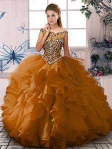 Brown Scoop Lace Up Beading and Ruffles Sweet 16 Quinceanera Dress Sleeveless