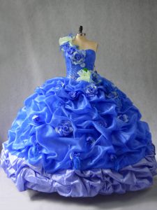 Blue Organza Lace Up One Shoulder Sleeveless Floor Length Vestidos de Quinceanera Pick Ups and Hand Made Flower