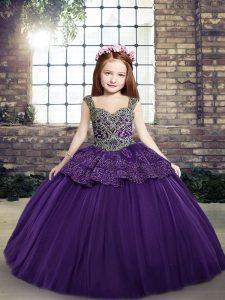 Purple Lace Up Straps Beading and Appliques Pageant Gowns For Girls Tulle Sleeveless