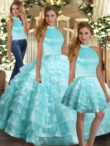 Aqua Blue Quinceanera Dress Sweet 16 and Quinceanera with Ruffled Layers Halter Top Sleeveless Backless