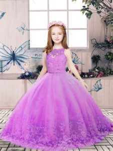 Fancy Sleeveless Floor Length Backless Little Girls Pageant Gowns in Lilac with Lace and Appliques