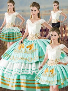 Spectacular Floor Length Lace Up Quinceanera Dress Apple Green for Sweet 16 and Quinceanera with Embroidery and Ruffled Layers