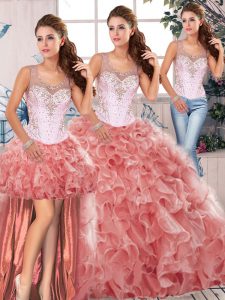 Watermelon Red Scoop Clasp Handle Beading and Ruffles Quinceanera Dress Sleeveless