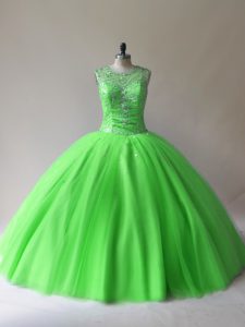 Tulle Lace Up Scoop Sleeveless Floor Length Ball Gown Prom Dress Beading