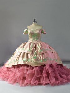 Chapel Train Ball Gowns Quinceanera Gowns Pink Off The Shoulder Organza Sleeveless Floor Length Lace Up