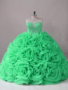 Dynamic Ball Gowns Fabric With Rolling Flowers Sweetheart Sleeveless Beading and Ruffles Lace Up Sweet 16 Quinceanera Dress Brush Train