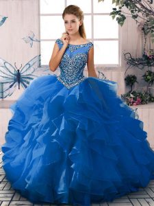 Latest Blue Sleeveless Beading and Ruffles Floor Length 15th Birthday Dress