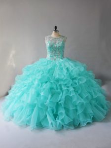 Hot Selling Aqua Blue Ball Gowns Scoop Sleeveless Organza Lace Up Beading and Ruffles Quinceanera Gown