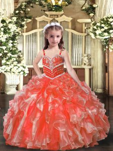 Cute Orange Red Sleeveless Beading and Ruffles Floor Length Pageant Dress for Girls