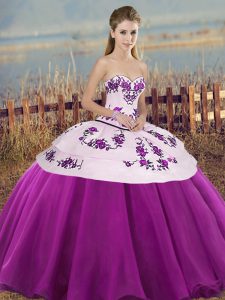 Elegant White And Purple Tulle Lace Up Quinceanera Gowns Sleeveless Floor Length Embroidery and Bowknot