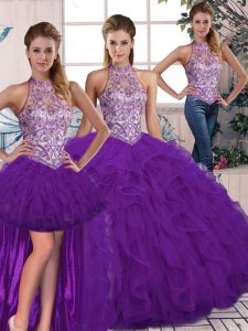 Fashion Purple Halter Top Neckline Beading and Ruffles Quinceanera Gown Sleeveless Lace Up