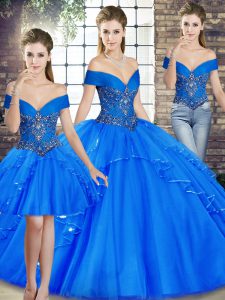 Royal Blue Off The Shoulder Lace Up Beading and Ruffles Ball Gown Prom Dress Sleeveless