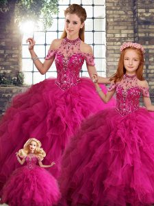 Fuchsia Ball Gowns Halter Top Sleeveless Tulle Floor Length Lace Up Beading and Ruffles Sweet 16 Quinceanera Dress