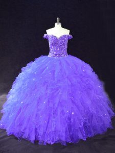 Top Selling Purple Sleeveless Floor Length Beading Lace Up Vestidos de Quinceanera