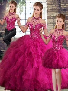 Fuchsia Ball Gowns Tulle Halter Top Sleeveless Beading and Ruffles Floor Length Lace Up Sweet 16 Dress
