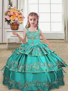 Turquoise Lace Up Straps Embroidery and Ruffled Layers Kids Pageant Dress Satin Sleeveless
