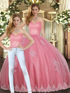 Watermelon Red Sleeveless Tulle Lace Up Sweet 16 Quinceanera Dress for Military Ball and Sweet 16 and Quinceanera